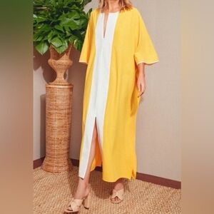 NEW WITH TAGS - Tuckernuck “Celeste” chic yellow & white maxi caftan (XS/S)